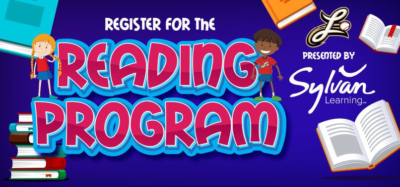 Register for the Reading Program presented by Sylvan Learning. Image with blue background and cartoon books