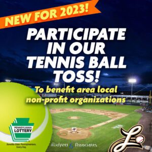 New for 2023 Participate in our Tennis Ball Toss to Benefit area local non-profit organizations. Image contains picture of the field and tennis call.