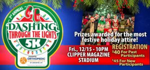 Dashing Through the Lights 5k presented by OAL. Friday 12/15. Image has participants from last year,