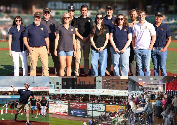 Stormers corporate members on the field, throwing a ceremonial first pitch, and gathered at the ballpark